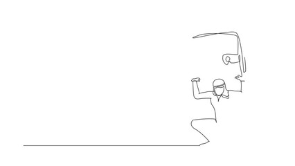 Poster - Animated self drawing of continuous line draw Arabian businessman carrying wallet on back. Stressed worker feeling bankrupt, no money. Financial crisis due to pandemic. Full length one line animation