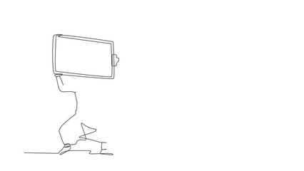 Poster - Animated self drawing of continuous line draw Arabian businessman carrying clipboard on back. Multitasking, productivity and time management problem. Deadline checklist. Full length one line animation