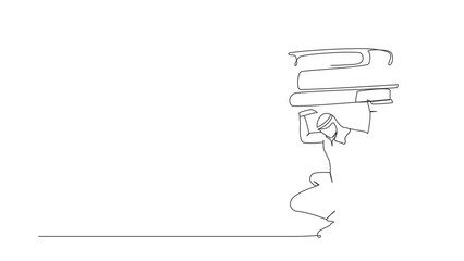 Poster - Animated self drawing of continuous line draw Arab businessman carry pile of paper on his back. Tired person due to amount of work. Exhausted worker with paperwork. Full length single line animation