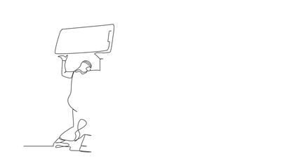 Poster - Self drawing animation of single line draw Arabian businessman carrying smartphone on his back. Depression, fatigue, mental stress, frustration due to overworked. Continuous line. Full length animated
