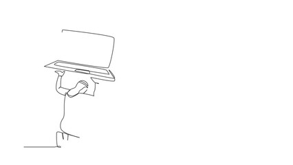 Poster - Animated self drawing of continuous line draw Arabian businessman carry heavy laptop computer on his back. Exhausted worker due to work pressure, burnout at office. Full length single line animation