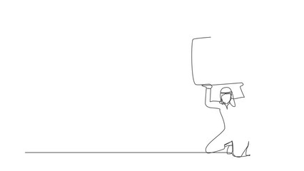Poster - Self drawing animation of single line draw Arab businessman carrying folder icon on back. Stressed worker due to overwhelming flow of work. Despair, frustration. Continuous line. Full length animated