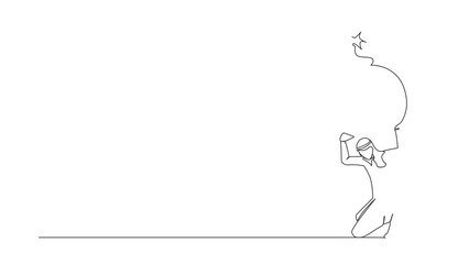 Poster - Animated self drawing of continuous line draw Arab businessman carrying bomb on his back. Stressed entrepreneur due to debt explosion. World economic crisis problem. Full length one line animation