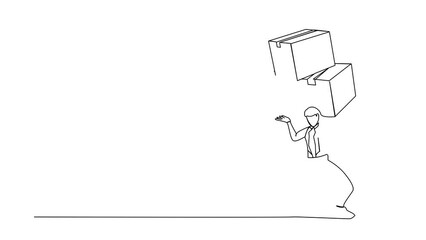 Poster - Animated self drawing of continuous line draw frustrated businesswoman carrying stack of boxes on her back. Overworked worker with pile of cardboard. Stress at work. Full length single line animation