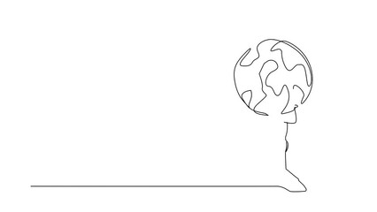 Poster - Self drawing animation of single line draw of businesswoman carrying globe on back. Industrial pollution, natural resources, earth exploitation. Economic crisis. Continuous line. Full length animated