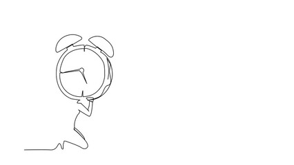 Poster - Animated self drawing of continuous line draw frustrated businesswoman carrying alarm clock on her back. Stressed employee with work pressure or business goal project. Full length one line animation