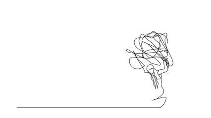 Poster - Self drawing animation of single line draw businesswoman carrying messy line on her back. Anxiety from work difficulty, overload, economic crisis problem. Continuous line draw. Full length animated