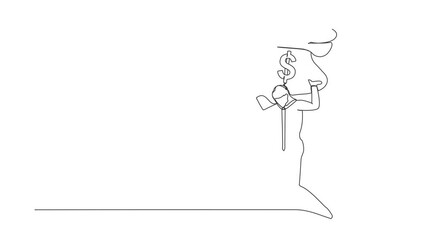 Poster - Self drawing animation of single line draw businessman carrying heavy money bag on back. Stressed worker difficult to making money. Financial crisis in pandemic. Continuous line. Full length animated