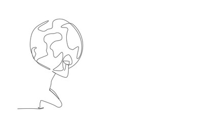 Poster - Animated self drawing of continuous line draw businessman carrying globe on his back. Earth exploitation, industrial pollution, natural resources. World economic crisis. Full length one line animation