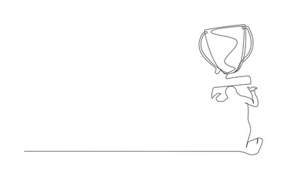 Poster - Animated self drawing of continuous line draw exhausted businessman carrying trophy on his back. Entrepreneur failed to win competition or business goals achievement. Full length single line animation