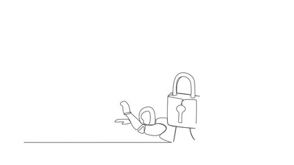 Poster - Self drawing animation of single one line draw robot under lock pad burden. Tech industry bankruptcy in Covid-19 pandemic lockdown. Artificial intelligence. Continuous line draw. Full length animated