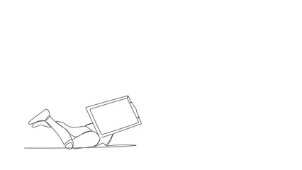 Poster - Animated self drawing of continuous line draw stress robot under heavy clipboard burden. Busy robot with checklist tasks document. Humanoid robot cybernetic organism. Full length single line animation