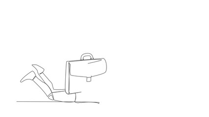 Poster - Animated self drawing of continuous line draw robot under briefcase burden. Pressure from too much responsibility. Artificial intelligence machine learning processes. Full length one line animation