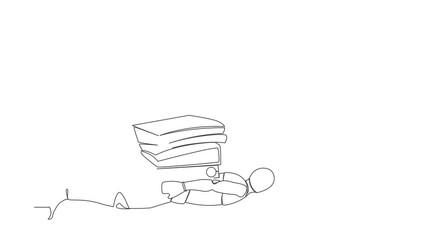 Poster - Self drawing animation of single one line draw robot under pile paper burden. Tired robot cannot cope with amount of work. Robotic artificial intelligence. Continuous line draw. Full length animated