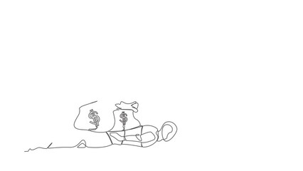 Poster - Animated self drawing of continuous line draw stressed robot under money bag burden. Finance crisis money fall down. Economic crash due to pandemic. Future technology. Full length one line animation