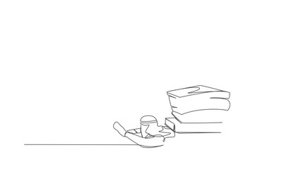 Poster - Animated self drawing of continuous line draw Arab businessman under pile folder burden. Tired person cannot cope with amount of work. Worker swamped with paperwork. Full length single line animation