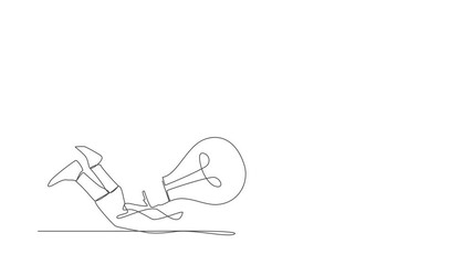 Poster - Animated self drawing of continuous line draw Arab businessman under light bulb burden. Uninspired or no idea after business failure, burnout or exhausted from crisis. Full length one line animation
