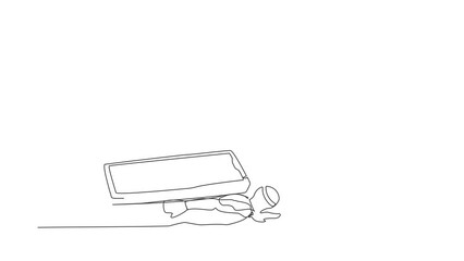 Poster - Animated self drawing of continuous line draw of Arabian businessman under heavy smartphone burden. Depression, fatigue, mental stress, frustration due to overworked. Full length single line animation