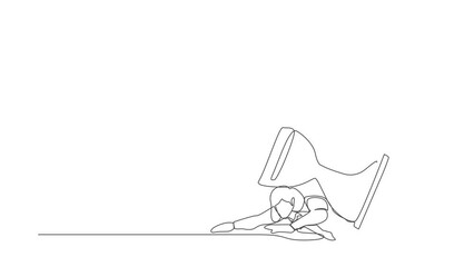 Poster - Self drawing animation of single one line draw businesswoman under heavy hourglass burden. Office employee with deadline problem. Schedule of business tasks. Continuous line draw. Full length animated