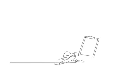 Poster - Animated self drawing of continuous line draw businesswoman under heavy clipboard burden. Multitasking, productivity and time management problem. Deadline checklist. Full length one line animation