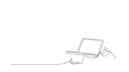 Poster - Animated self drawing of continuous line draw of unhappy businesswoman under heavy laptop burden. Tired or exhausted worker due to work pressure, burnout at office. Full length single line animation