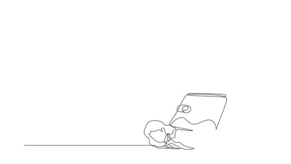 Poster - Animated self drawing of continuous line draw businesswoman under heavy wallet burden. Stressed worker feeling bankrupt, no money. Financial crisis due to pandemic. Full length one line animation