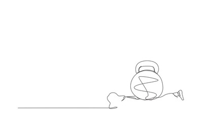 Poster - Animated self drawing of continuous one line draw businesswoman under heavy kettlebell burden. Tension, heaviness in business life. Overwork, stress, time management. Full length single line animation