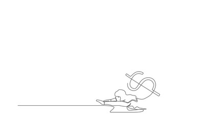 Poster - Self drawing animation of single one line draw businesswoman under heavy dollar symbol burden. Overworked or overloaded worker due to economic crisis, debt. Continuous line draw. Full length animated