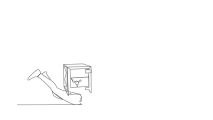 Poster - Self drawing animation of single line draw depressed businessman under heavy safe deposit box burden. Money loss in pandemic crisis, company cannot pay for debt. Continuous line. Full length animated