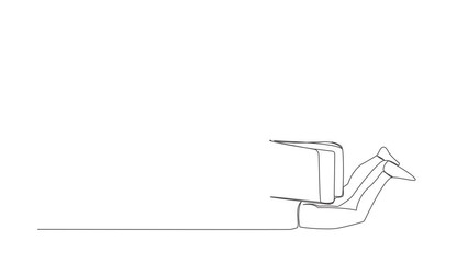 Poster - Self drawing animation of single line draw depressed businessman under heavy wallet burden. Hard working office employee. Financial and economic crisis concept. Continuous line. Full length animated