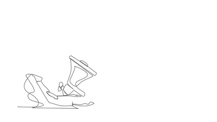 Poster - Self drawing animation of single one line draw depressed businessman under heavy megaphone burden. Conflict and trouble in communication. Harassment at work. Continuous line draw. Full length animated