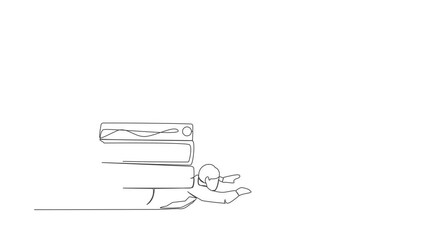 Poster - Animated self drawing of continuous line draw businessman under heavy stack paper and folder burden. Paperwork stress pressure. Office worker overworked with paperwork. Full length one line animation