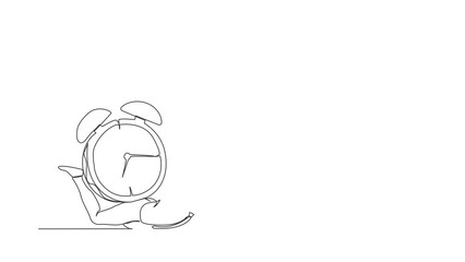 Poster - Animated self drawing of continuous line draw businessman under heavy alarm clock burden. Pressure to complete work deadlines. Stressed worker because lot of work. Full length single line animation