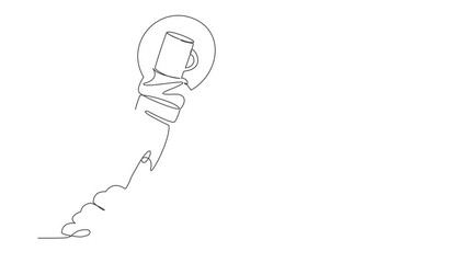 Poster - Animated self drawing of continuous line draw of tea cup launching with light bulb. Rocket launch symbolizing invigorating drink. Cafeteria, restaurant improvisation. Full length single line animation