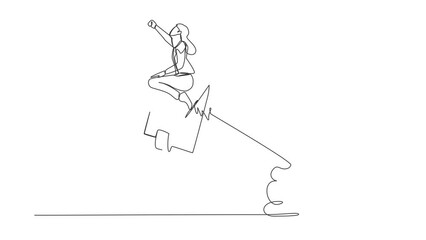 Poster - Self drawing animation of single one line draw businesswoman riding wallet rocket flying in the sky. Launch new digital wallet startup. Financial activities. Continuous line draw. Full length animated