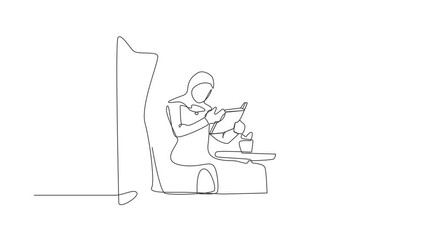 Poster - Animated self drawing of continuous line draw Arab woman reading book. Businesswoman reader. Person update knowledge, sitting in armchair by window in living room. Full length one line animation