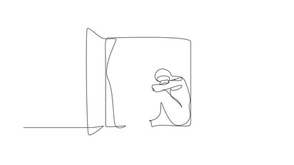 Poster - Self drawing animation of single line draw desperate Arab woman sitting on windowsill. Upset, depression, stress, melancholy, despair, frustration, life problems. Continuous line. Full length animated