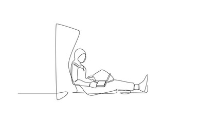 Poster - Animated self drawing of continuous line draw Arabian woman sitting on windowsill and working with laptop. Remote work from home. Online education, studying student. Full length one line animation