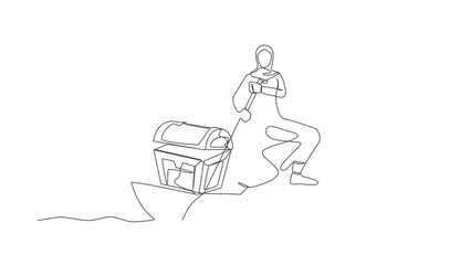 Poster - Animated self drawing of continuous one line draw Arab businesswoman standing in boat sailing with treasure chest. Success financial. Money laundering, corruption. Full length single line animation