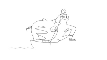 Poster - Animated self drawing of continuous line draw Arabian businesswoman standing in boat sailing with piggy bank. Economy purposes saving money is very important. Investor. Full length one line animation