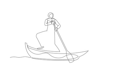 Poster - Animated self drawing of continuous line draw Arab businesswoman standing in boat, sailing with bomb. Manager carry risks for company. Economic collapse due to crisis. Full length one line animation