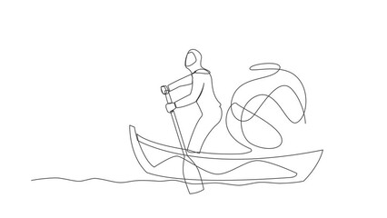 Poster - Self drawing animation of single one line draw Arab businesswoman standing in boat sailing with messy mind ball round structure. Stressful, psychological problem. Continuous line. Full length animated