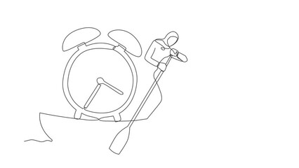 Poster - Animated self drawing of continuous one line draw Arab businesswoman standing in boat sailing with alarm clock. Manager escape from deadline. Time management problem. Full length single line animation