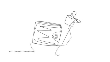 Poster - Animated self drawing of continuous one line draw Arab businesswoman standing in boat and sailing with purse. Money management for personal use. Financial at company. Full length single line animation