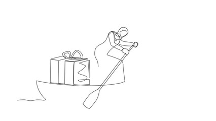Poster - Self drawing animation of single line draw Arabian businesswoman standing in boat sailing with gift box. Giving prizes to outstanding. Appreciation from company. Continuous line . Full length animated