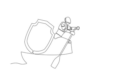 Poster - Animated self drawing of continuous one line draw robot sailing away on boat with shield. Security and insurance in tech company. Humanoid robot cybernetic organism. Full length single line animation