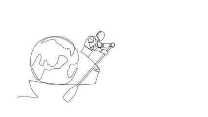 Poster - Animated self drawing of continuous line draw artificial robot standing in boat sailing with earth globe. Taking trip around the world by ship. Tourism or traveling. Full length single line animation