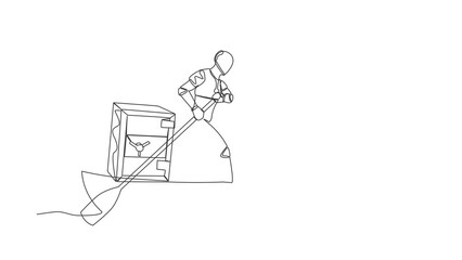 Poster - Self drawing animation of single line draw intelligence robot standing in boat sailing with safe deposit box. Escape with money. Criminal stole from bank. Continuous line draw. Full length animated