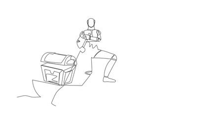 Poster - Animated self drawing of continuous line draw robot sailing away on boat with treasure chest. Money laundering in tech company. Technology. Artificial intelligence. Full length one line animation