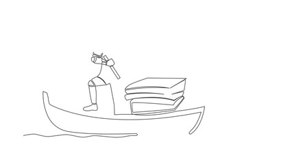 Poster - Animated self drawing of continuous line draw robot sailing away on boat with stack of papers. Manage digital document in tech company. Future technology development. Full length one line animation